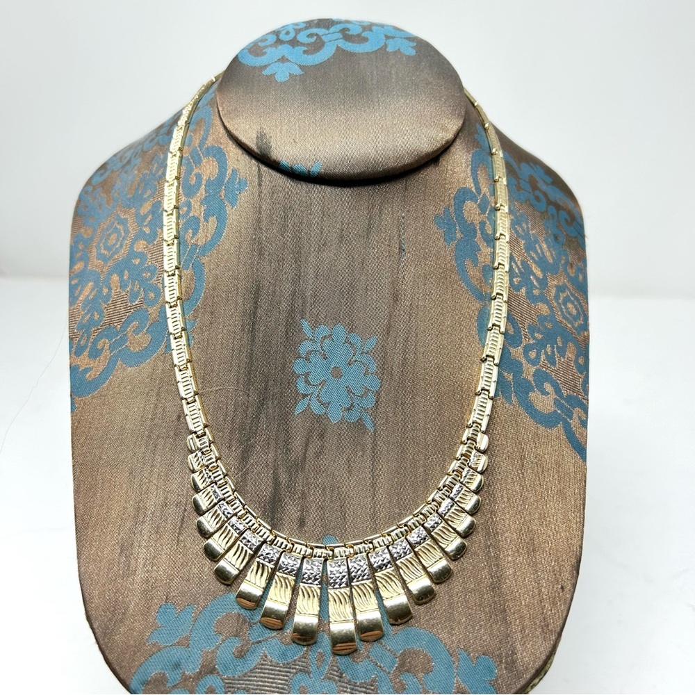 Solid 14K yellow & white gold Egyptian revival fringe bib necklace, vintage